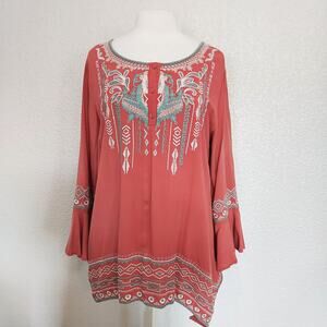 Monoreno Orange Embroidered Tunic Top Size L